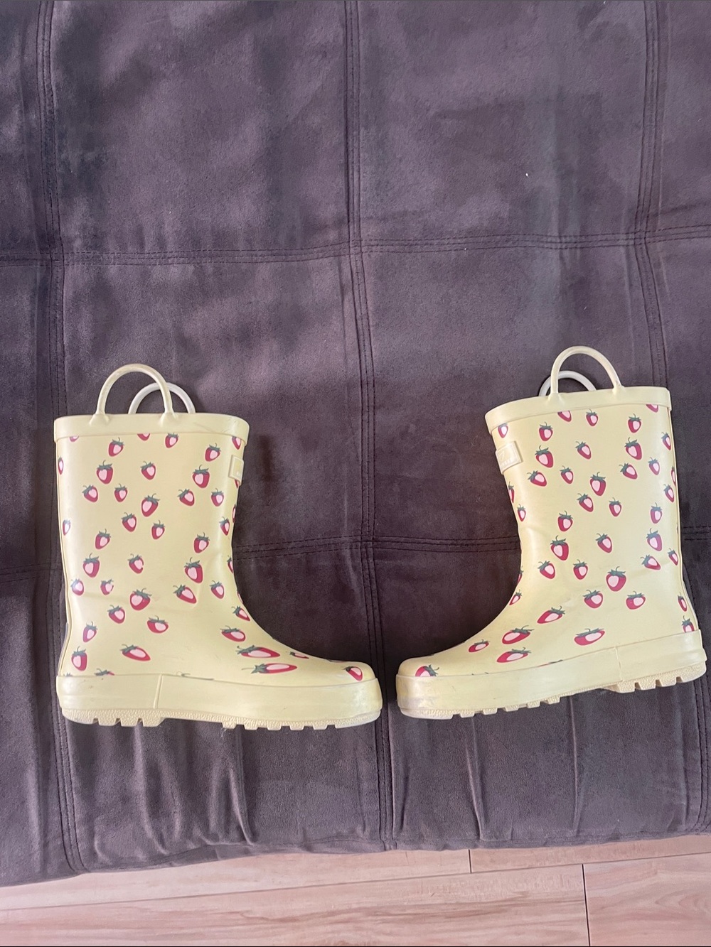 Kids Yellow Rain Boots with Pink Strawberry Pattern